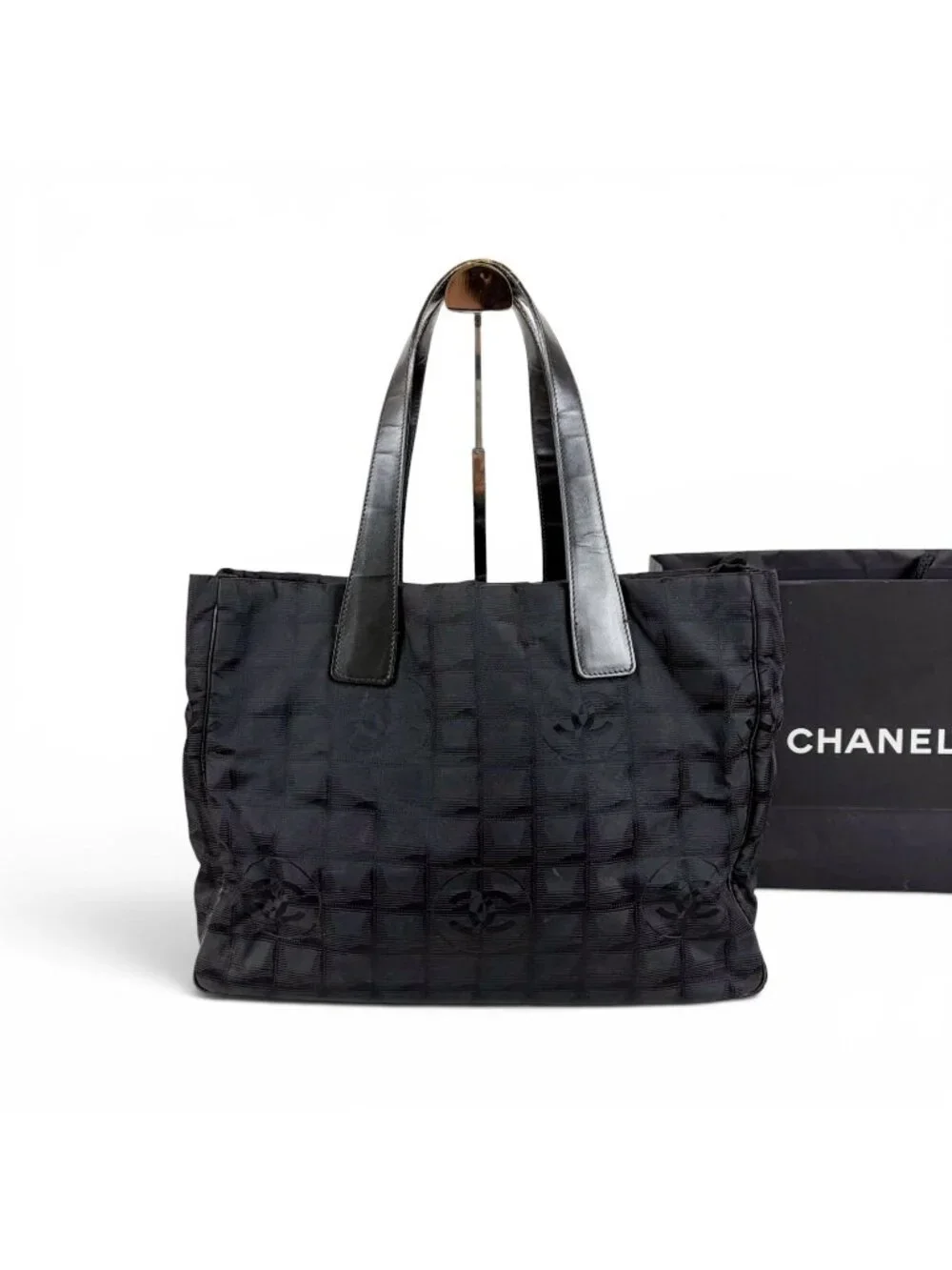 Chanel New Travel Line Tote MM Shoulder Black Nylon Canvas